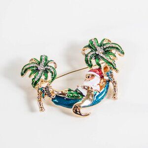 Tropical Santa Hammock Brooch – Holiday Palm Tree Pin - NEW